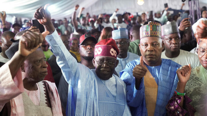 Bola Ahmed Tinubu reacts after he was declared winner in Nigeria's presidential election at his party's campaign headquarters in Abuja on March 1, 2023.